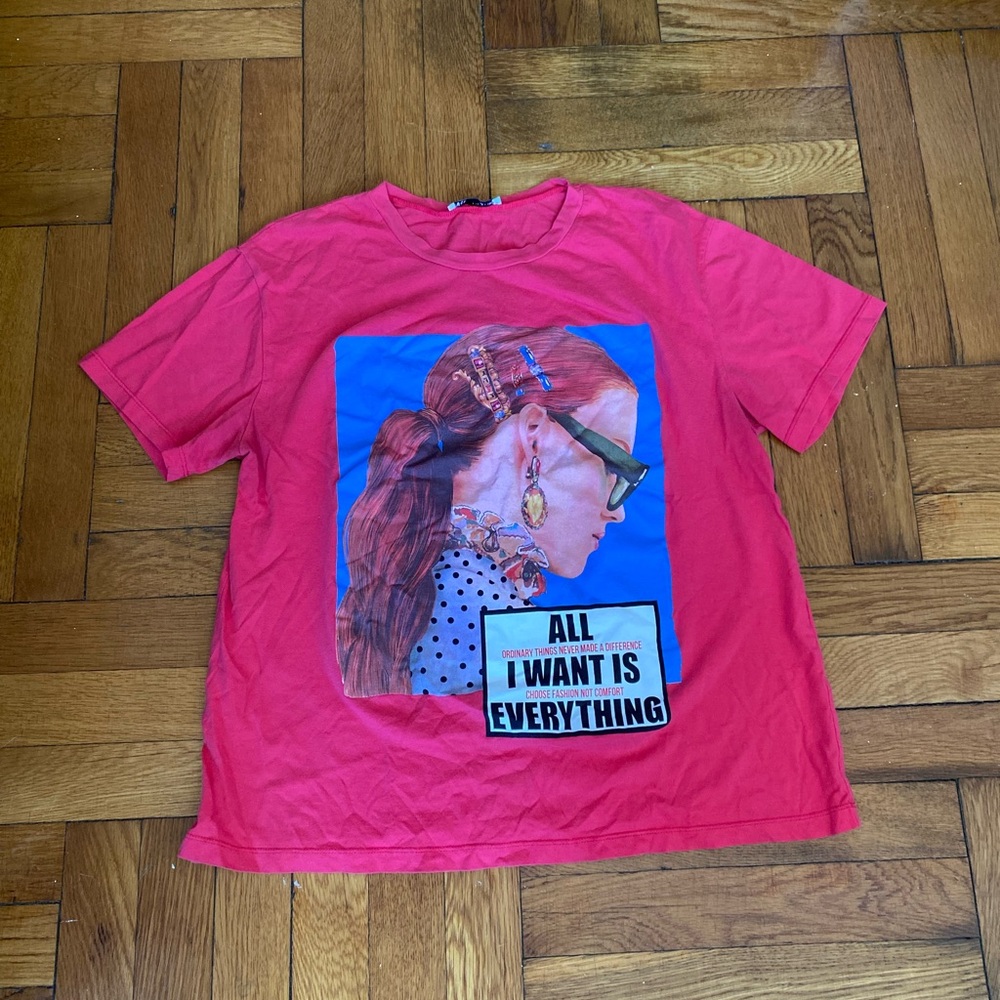 ZARA Graphic Tee Hot Pink Statement Print Oversized Fit Size L - Picture 2 of 5
